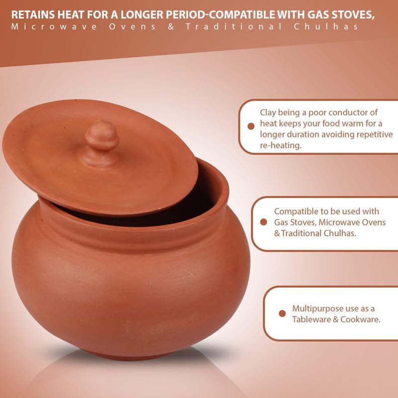 Bhanvi 1000ml Unpolished Clay Curd Pot Handi | Dahi Handi | Serving Bowl | Mud/Mitti/Terracotta Handi | Handmade Yogurt Handi with Lid | 1000 ml Large Handi for Kitchen with Lid (Mathani, 1000 ml) - Image 2