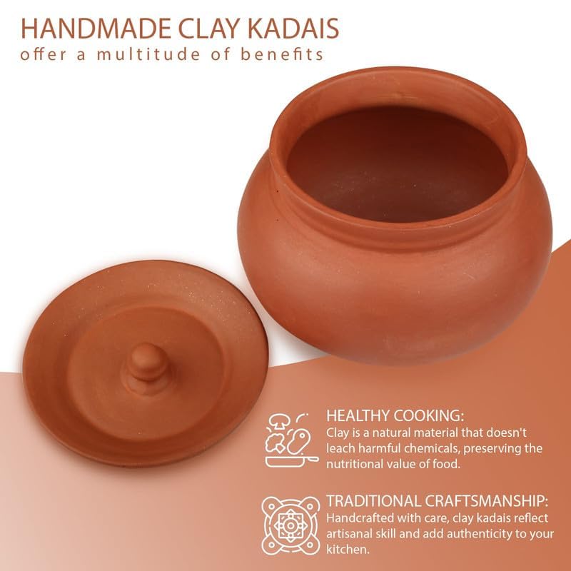 Bhanvi 1000ml Unpolished Clay Curd Pot Handi | Dahi Handi | Serving Bowl | Mud/Mitti/Terracotta Handi | Handmade Yogurt Handi with Lid | 1000 ml Large Handi for Kitchen with Lid (Mathani, 1000 ml) - Image 3