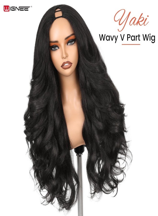 ويجني شعر مستعار WIGNEE Yaki Curly V Part 26 بوصة، شعر مستعار صناعي نصف باروكة بدون غراء، شعر مستعار U Part مع تجعيدات ملفوفة، شعر مستعار نصف باروكة مجعد للنساء ذوات البشرة السمراء للاستخدام اليومي في الحفلات (أسود طبيعي) - Image 2