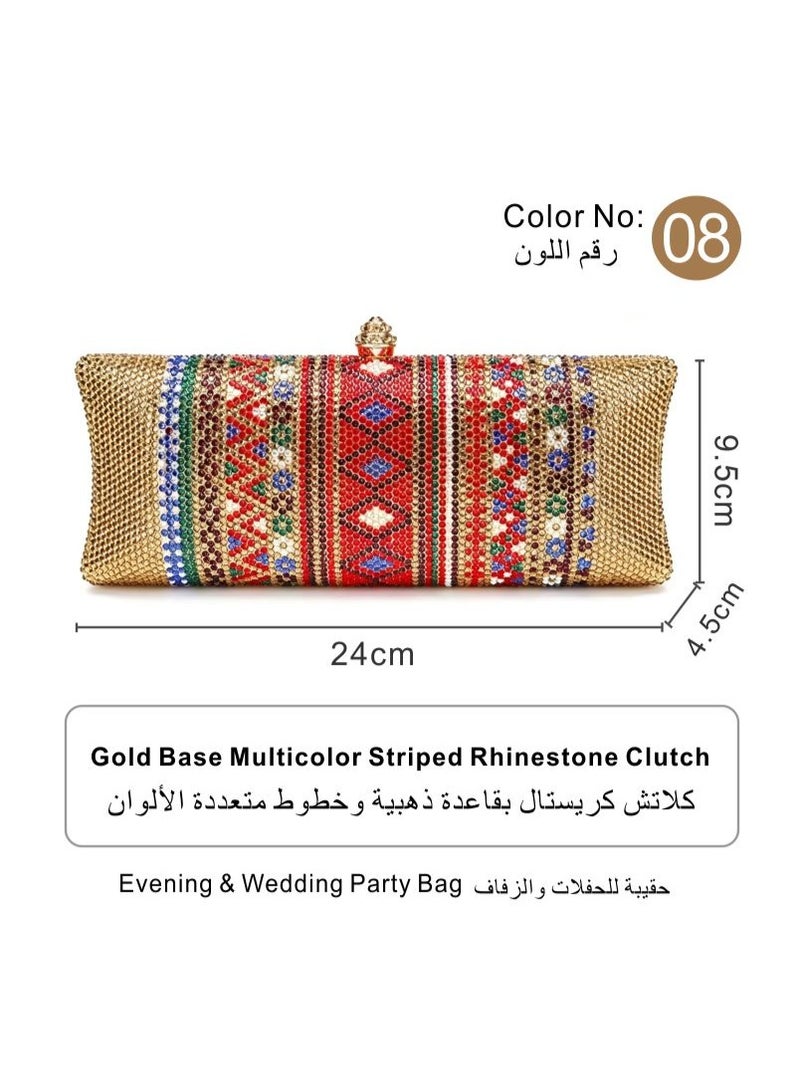 Gold Base Multicolor Ethnic Pattern Rhinestone Crystal Clutch Bag Wedding Evening Party Handbag
