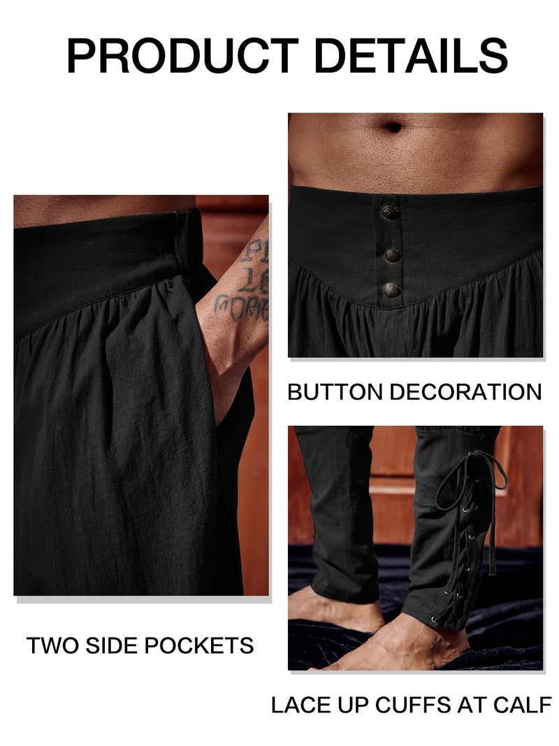 Runcati Mens Medieval Ankle Pants Renaissance Viking Pirate Lace Up Tapered Halloween Linen Costume Trousers Black - Image 5