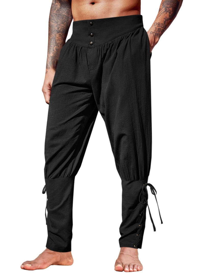 Runcati Mens Medieval Ankle Pants Renaissance Viking Pirate Lace Up Tapered Halloween Linen Costume Trousers Black - Image 1