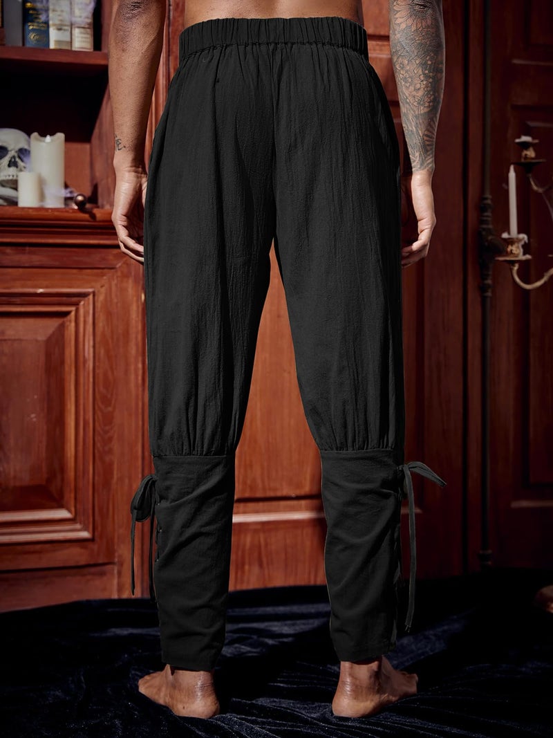 Runcati Mens Medieval Ankle Pants Renaissance Viking Pirate Lace Up Tapered Halloween Linen Costume Trousers Black - Image 3