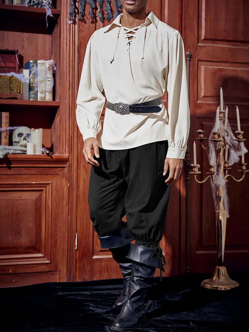 Runcati Mens Medieval Ankle Pants Renaissance Viking Pirate Lace Up Tapered Halloween Linen Costume Trousers Black - Image 4