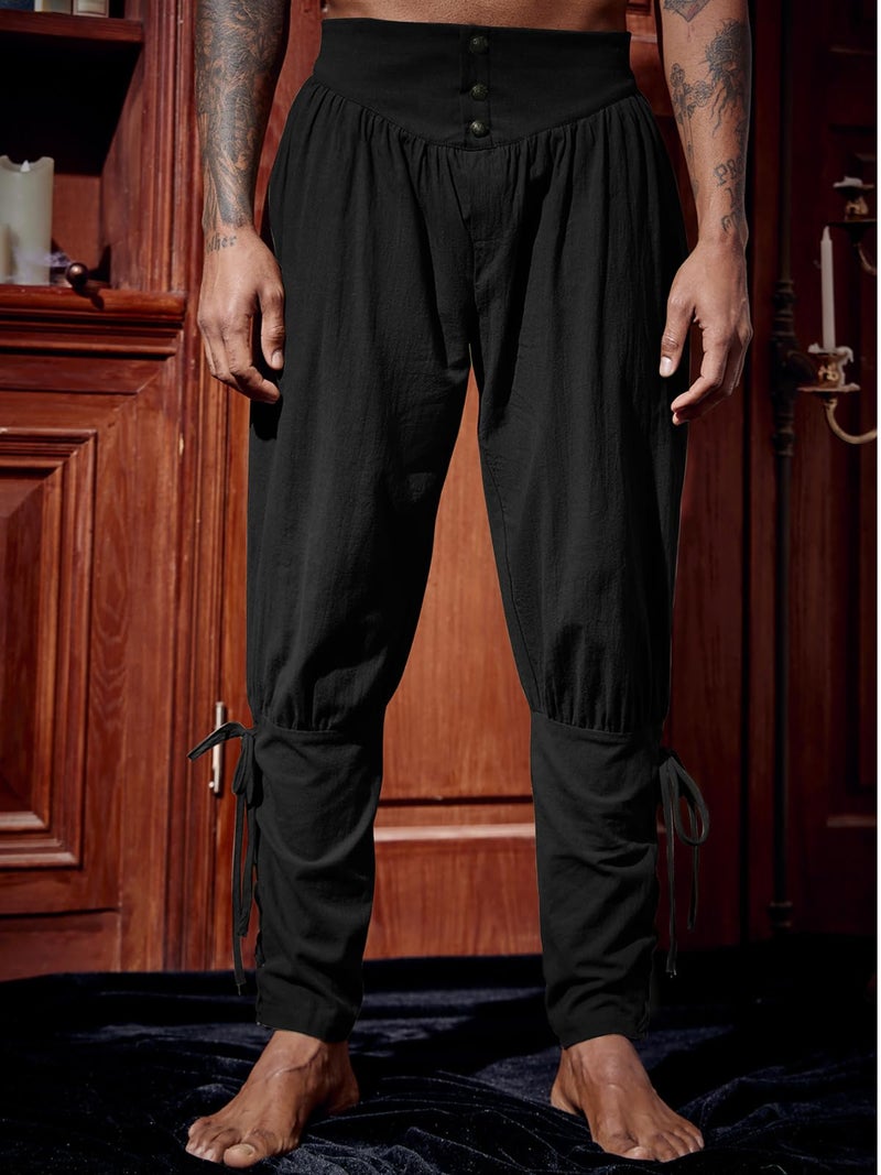Runcati Mens Medieval Ankle Pants Renaissance Viking Pirate Lace Up Tapered Halloween Linen Costume Trousers Black - Image 2