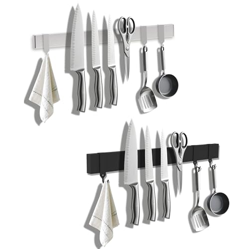 QST EXPRESS 19 Inch Magnetic Knife Holder with Hooks Strong Wall Mount Magnetic Knife Rack for Kitchen Stainless Steel Knife Strip Organizer for Utensils Spoons Forks - Image 1
