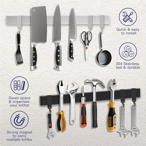QST EXPRESS 19 Inch Magnetic Knife Holder with Hooks Strong Wall Mount Magnetic Knife Rack for Kitchen Stainless Steel Knife Strip Organizer for Utensils Spoons Forks - Image 3