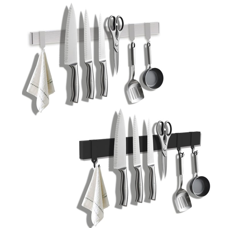 QST EXPRESS 19 Inch Magnetic Knife Holder with Hooks Strong Wall Mount Magnetic Knife Rack for Kitchen Stainless Steel Knife Strip Organizer for Utensils Spoons Forks - Image 2