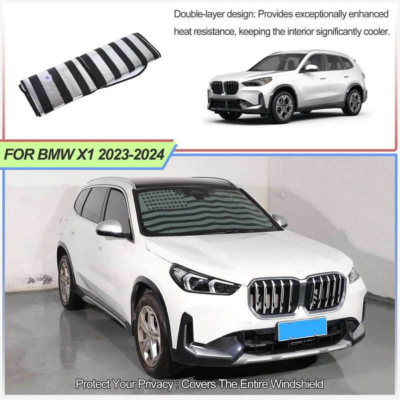 Qiosreui واقي شمسي للزجاج الأمامي لسيارة BMW X1/X2 U11 U10 2023-2025، قابل للطي، عاكس، واقي شمسي مخصص، حاجب للأشعة فوق البنفسجية، حامي الخصوصية، درع حراري يحافظ على برودة سيارتك (أسود) - Image 4
