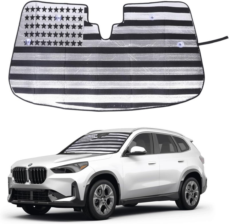 Qiosreui واقي شمسي للزجاج الأمامي لسيارة BMW X1/X2 U11 U10 2023-2025، قابل للطي، عاكس، واقي شمسي مخصص، حاجب للأشعة فوق البنفسجية، حامي الخصوصية، درع حراري يحافظ على برودة سيارتك (أسود) - Image 1