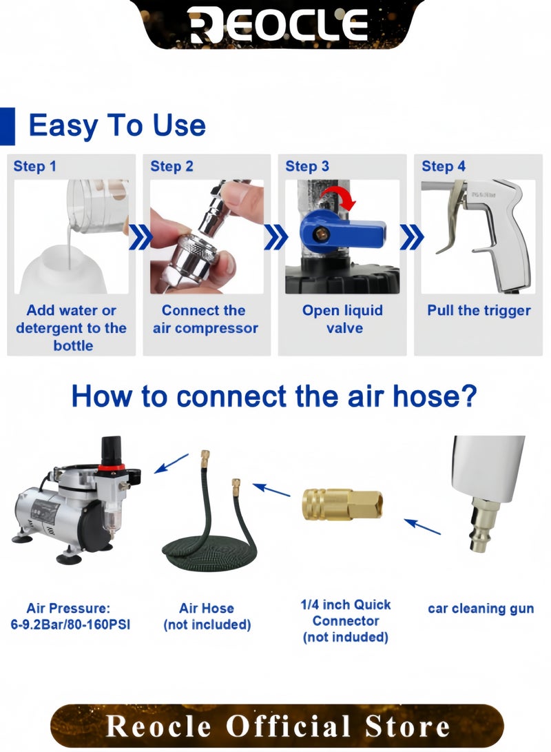 REOCLE High Pressure Car Cleaning Gun Quickly Blasts Dirt & Dust from Surface Car Interior Foam Gun Sprayer for Vehicle Upholstery & Carpet & Seat - Image 5