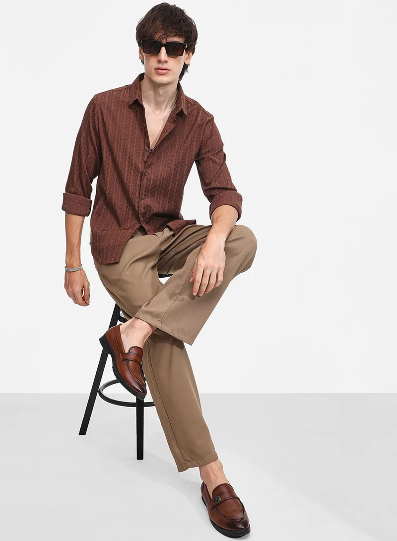 Campus Sutra Men's Chocolate Brown Geometric-Textured Knit Shirt