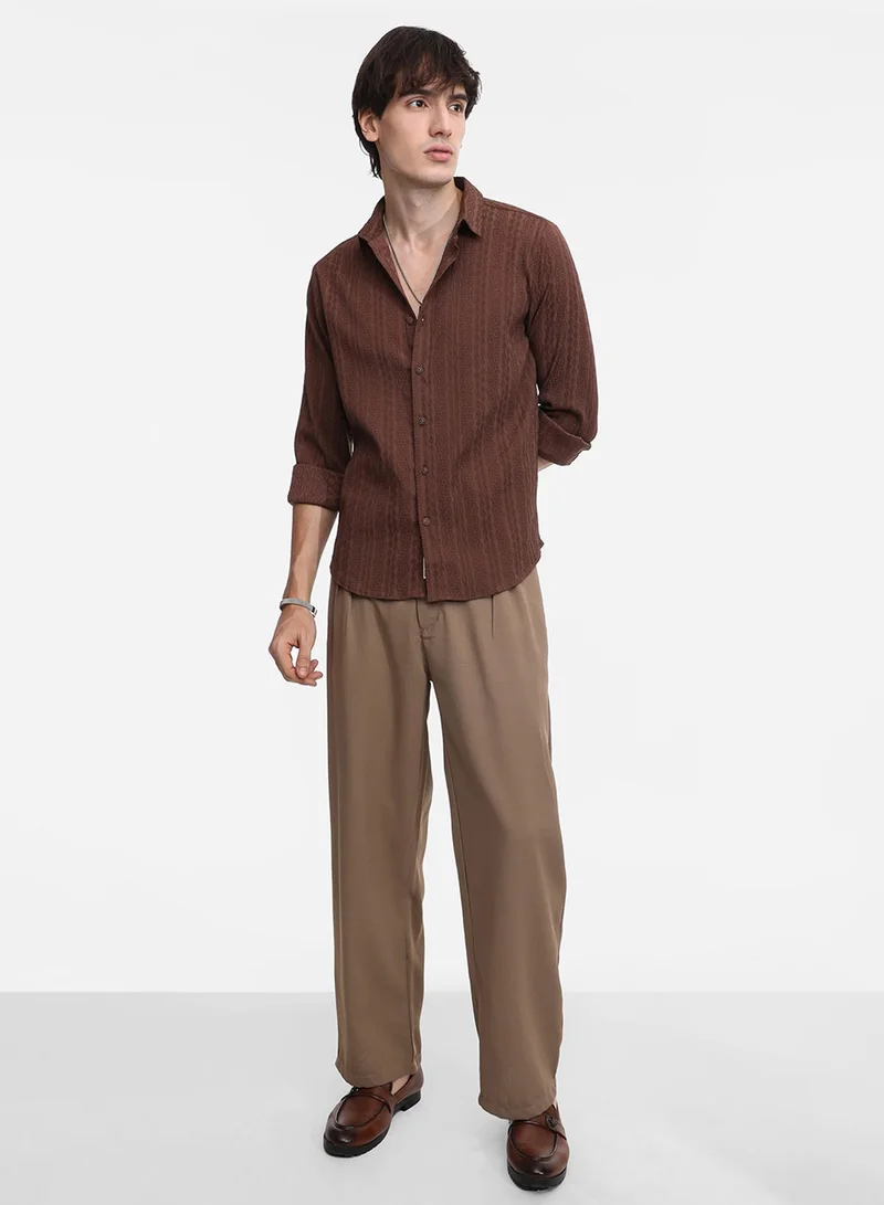 Campus Sutra Men's Chocolate Brown Geometric-Textured Knit Shirt