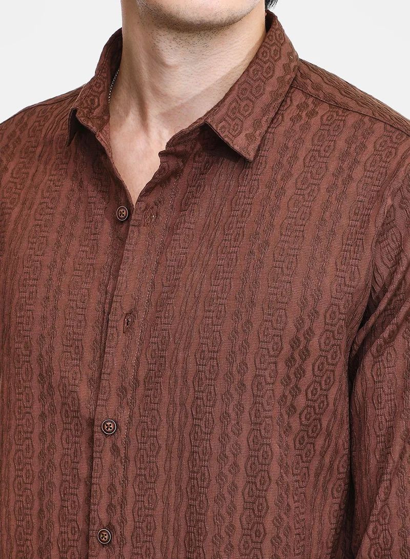 Campus Sutra Men's Chocolate Brown Geometric-Textured Knit Shirt