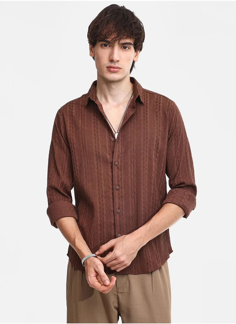 كامبوس سوترا Men's Chocolate Brown Geometric-Textured Knit Shirt
