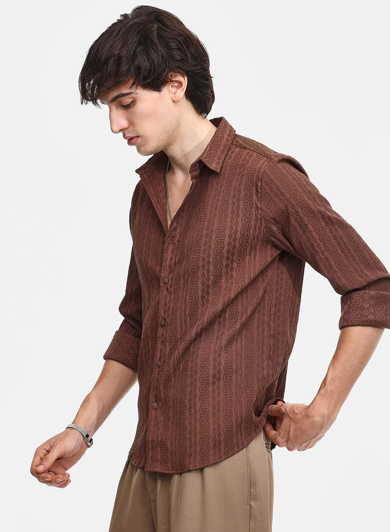 Campus Sutra Men's Chocolate Brown Geometric-Textured Knit Shirt