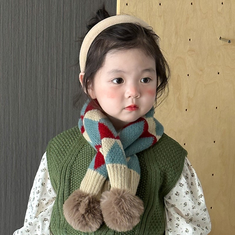 Cute Knitted Baby Winter Scarf with Pompoms Generous diamond grid blue and red 