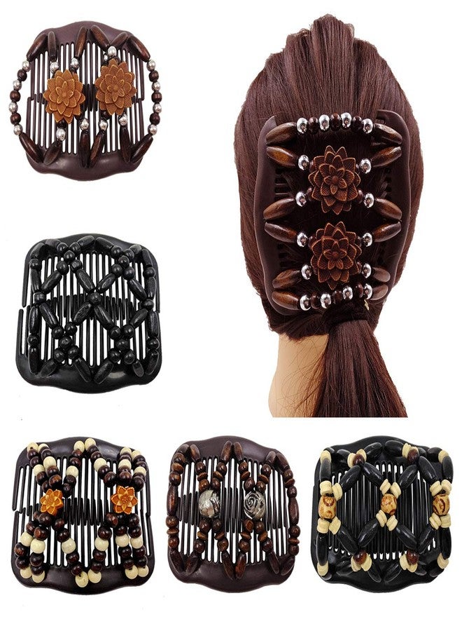 LOVEF 5 Pcs Magic Combs Wood Beaded Stretch Double Side Combs Clips Bun Maker Hair Accessories for Wowen Girls - Image 1