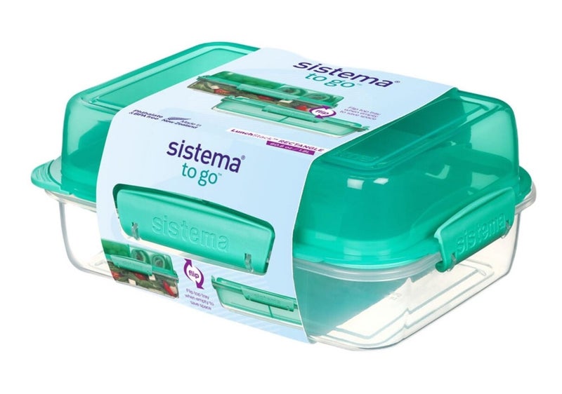 Sistema Lunch Stack To Go Rectangle 1.8L Teal – BPA Free Reusable Lunch Box with Flip-Up Tray, Leak-Resistant Locking Lid, Meal Prep Food Storage Container for School, Office & Travel - Image 1