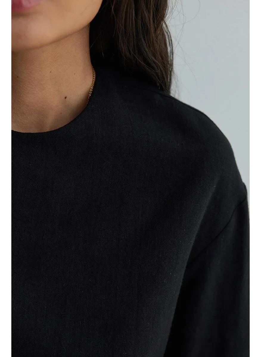 سود كوليكشن Black Mussel Crop Linen Blouse