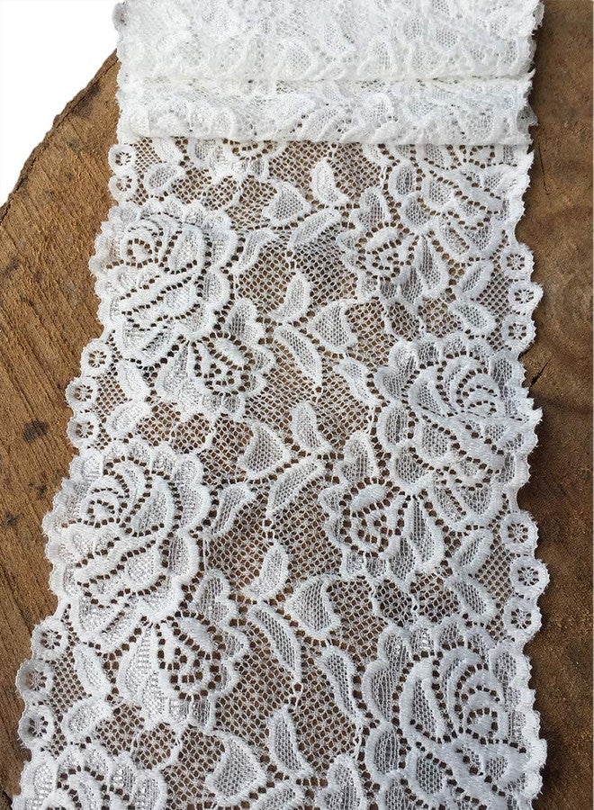 LUMKET 6 Inches Wide Lace Ribbon White Stretch Lace Fabric with Floral Pattern for Bridal Wedding Decorations, Sewing and DIY Crafts- 5 Yards (7221 White) - Image 1