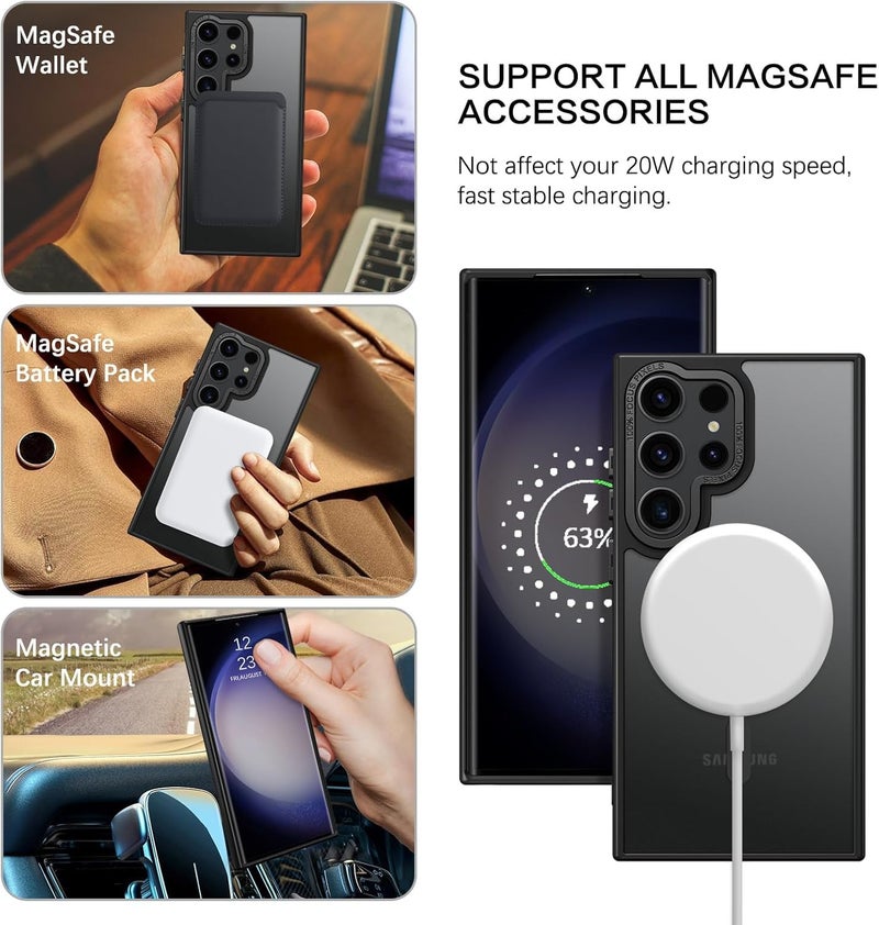 حافظة إليجو لهاتف سامسونج S25 ألترا، متوافقة مع MagSafe، ظهر شفاف غير لامع ومغناطيسي مع مغناطيس قوي، غطاء واقٍ من الصدمات، نحيف ورفيع لحماية كاملة لهاتف جالاكسي S25 ألترا 5G (أسود) - Image 2