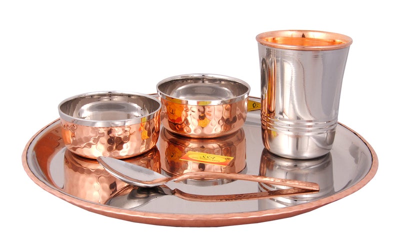 Shiv Shakti Arts® Steel Copper Dinner Set, Thali Set - 5 Pcs Designer (Platenium Dinner Set) - for Dinnerware, Tableware & Serving Items - Image 1
