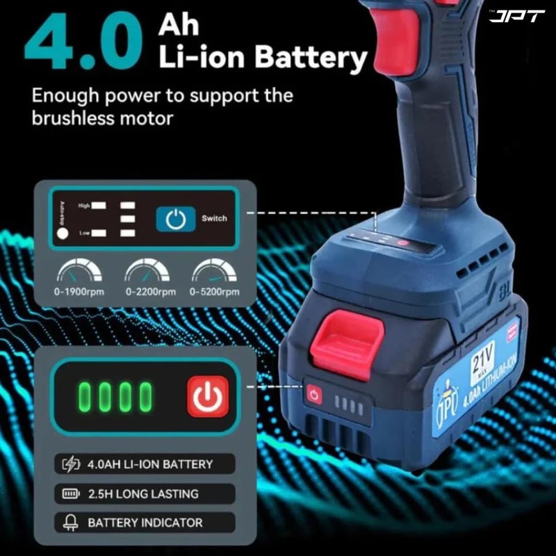 JPT مفتاح تأثير لاسلكي 21 فولت وحش قوي | محرك بدون فرش | عزم دوران 450 نيوتن.م | سرعة 2800 دورة في الدقيقة | سائق مربع 1/2" | بطارية ليثيوم أيون 4.0Ah | ضمان 6 أشهر - Image 2