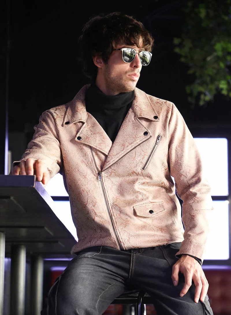 Men Reptilia-Jacquard Biker Jacket | Notch Collar, Long Button Cuff Sleeves | Zipper , Straight Hem | Abstract Jacquard | Woven Fabric For Casual & Daily Wear | Mousse Brown