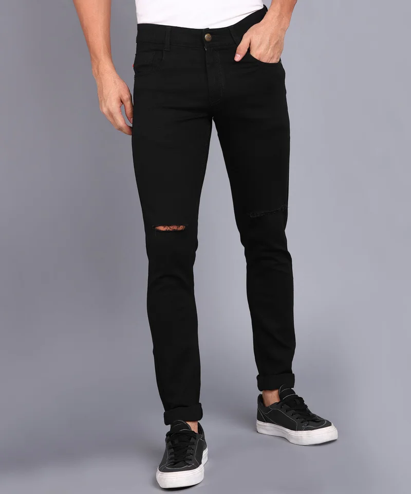 Urbano Fashion Men's Black Slim Fit Knee Slit Distressed Jeans Stretch