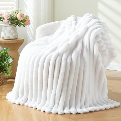 NEWCOSPLAY Super Soft Throw Blanket White Premium Silky Flannel Fleece 3D Ribbed Jacquard Lightweight Bed Blanket All Season Use (White Ribbed, Throw(50"x60")) - Image 1