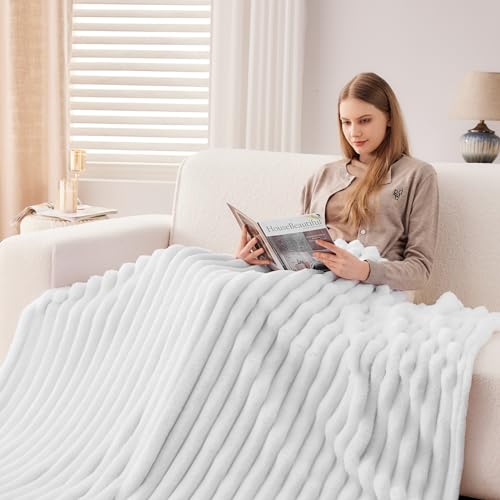 NEWCOSPLAY Super Soft Throw Blanket White Premium Silky Flannel Fleece 3D Ribbed Jacquard Lightweight Bed Blanket All Season Use (White Ribbed, Throw(50"x60")) - Image 4
