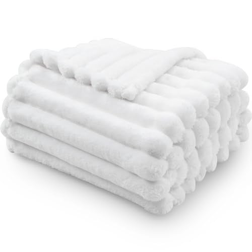NEWCOSPLAY Super Soft Throw Blanket White Premium Silky Flannel Fleece 3D Ribbed Jacquard Lightweight Bed Blanket All Season Use (White Ribbed, Throw(50"x60")) - Image 2