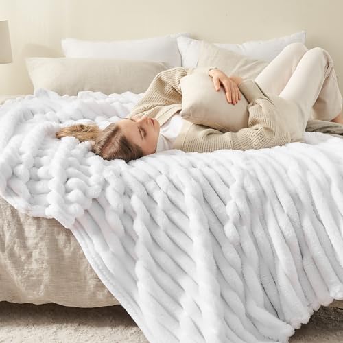 NEWCOSPLAY Super Soft Throw Blanket White Premium Silky Flannel Fleece 3D Ribbed Jacquard Lightweight Bed Blanket All Season Use (White Ribbed, Throw(50"x60")) - Image 5