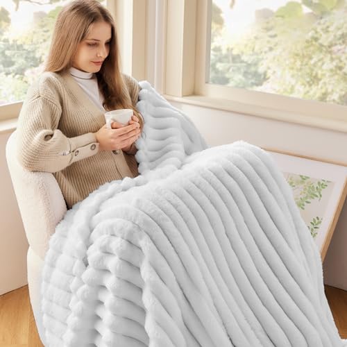 NEWCOSPLAY Super Soft Throw Blanket White Premium Silky Flannel Fleece 3D Ribbed Jacquard Lightweight Bed Blanket All Season Use (White Ribbed, Throw(50"x60")) - Image 3
