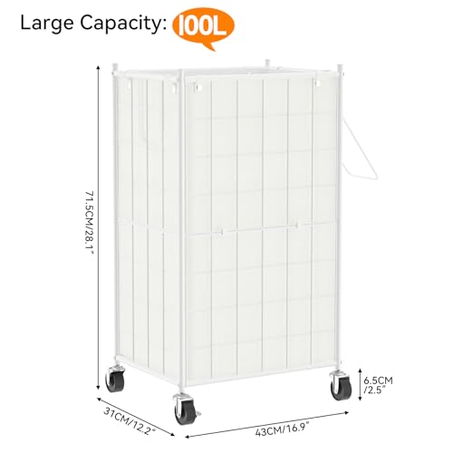 WOWLIVE Laundry Hamper with Wheels,Metal Wire Frame Rolling Laundry Basket with Removable bag,100L Dirty Clothes Hamper Organizer Dorm Room Storage for Bedroom,Bathroom,White - Image 4