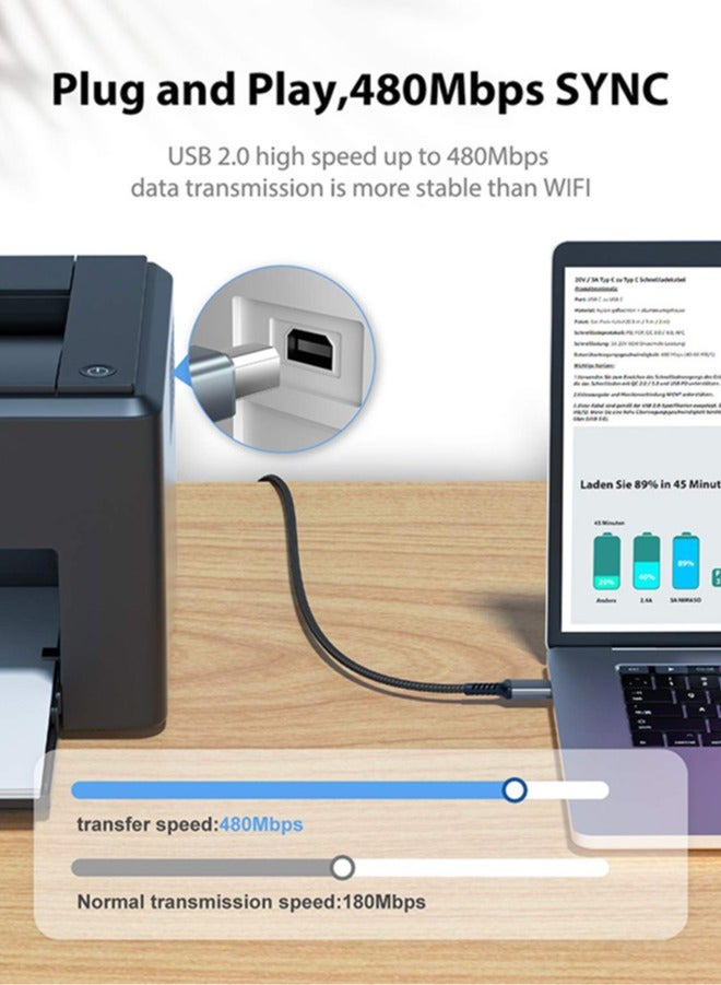 كابل طابعة، سلك طابعة USB بطول 1.5 متر 2.0 نوع A ذكر إلى B ذكر كابل ماسح ضوئي عالي السرعة متوافق مع HP وCanon وDell وEpson وLexmark وXerox وSamsung والمزيد (رمادي) - Image 2