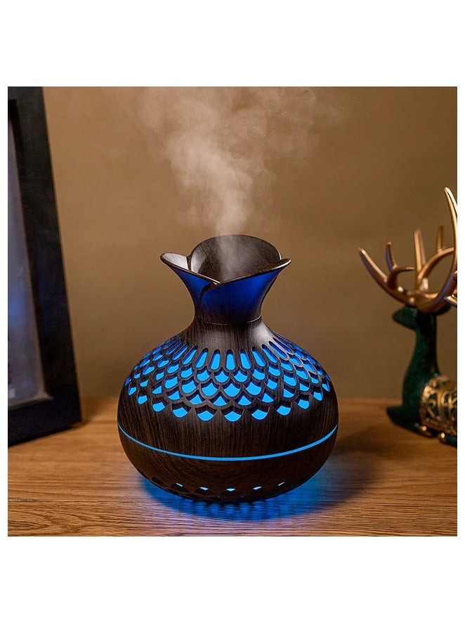 مرطب هواء صغير ملون رائع، مرطب على شكل زهرة، مرطب سطح مكتب شخصي USB للسيارة، غرفة المكتب، غرفة النوم وما إلى ذلك. وضعان للضباب، 7 ألوان، فائق الهدوء (خشب داكن)