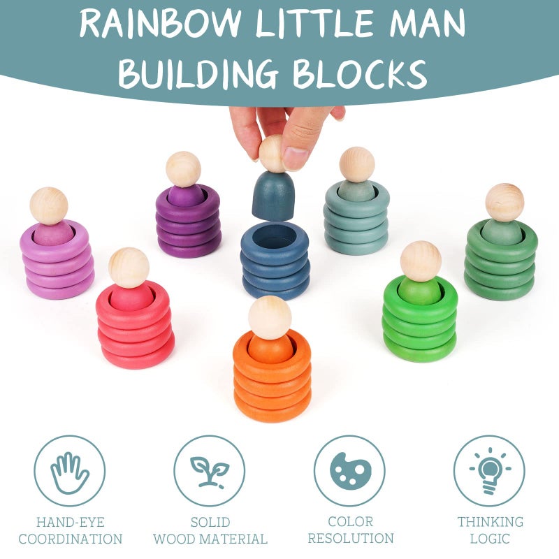 Agirlgle Montessori Toys Wooden Color Sorting Stacking Rings Toy Rainbow Wooden Peg Dolls Counting Toys Circular Building Blocks Stacking Game Preschool Learning Education Fine Motor Skill Toys for Toddlers - Image 4