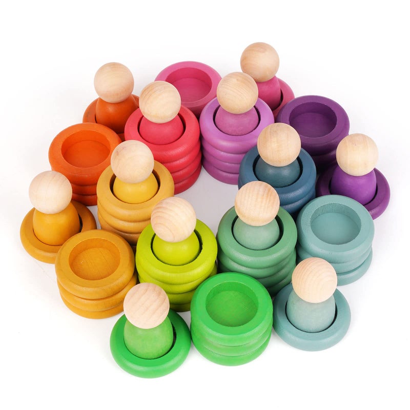 Agirlgle Montessori Toys Wooden Color Sorting Stacking Rings Toy Rainbow Wooden Peg Dolls Counting Toys Circular Building Blocks Stacking Game Preschool Learning Education Fine Motor Skill Toys for Toddlers - Image 2