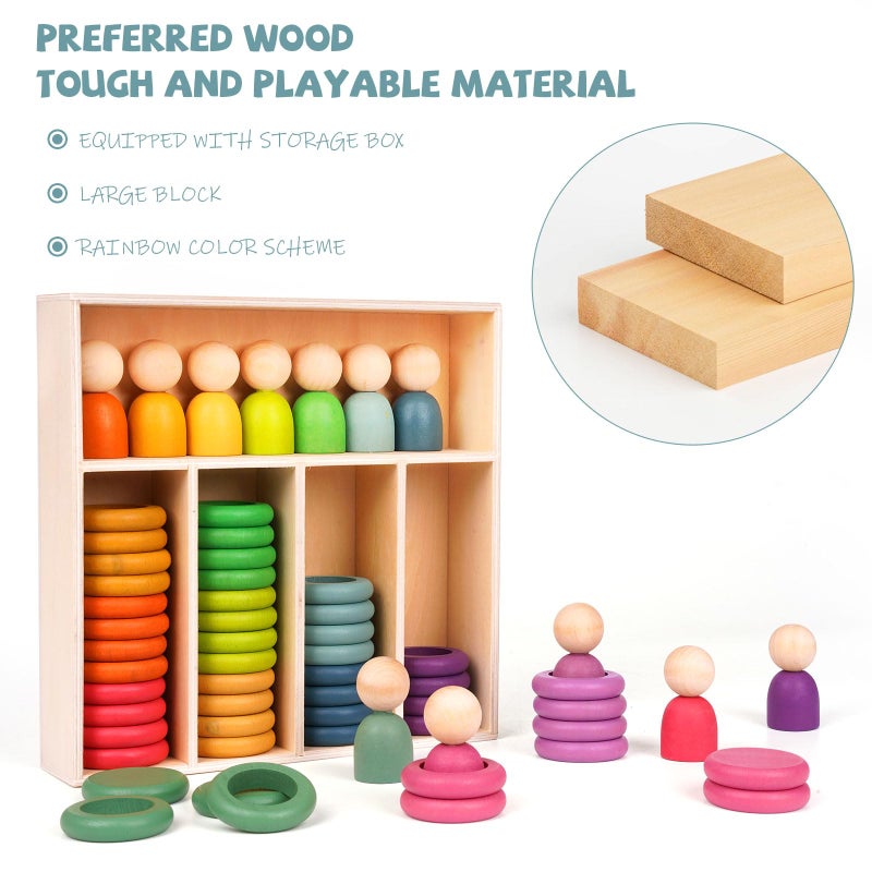 Agirlgle Montessori Toys Wooden Color Sorting Stacking Rings Toy Rainbow Wooden Peg Dolls Counting Toys Circular Building Blocks Stacking Game Preschool Learning Education Fine Motor Skill Toys for Toddlers - Image 5