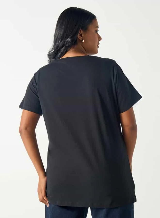 Ulla Popken Plus Size Ulla Popken Printed Crew Neck T-shirt with Short Sleeves