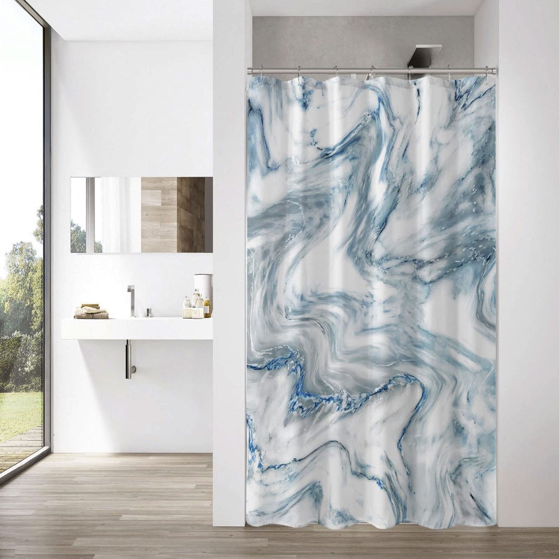 MitoVilla Small Stall Shower Curtain 36 x 72 Blue Marble Half Size Shower Curtain Modern Abstract Narrow Shower Curtain for Bathroom Decor 36 inch Light Blue Fabric Shower Curtain