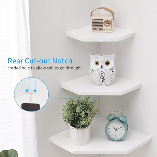 Conamily Corner Floating Shelves White Corner Wall Shelf Set of 2 Solid Oak Wood Corner Shelves Wall Mount Shelf with Wire Hole Small Plant Display for Kitchen Living Room Bedroom - Image 3