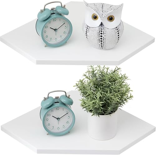 Conamily Corner Floating Shelves White Corner Wall Shelf Set of 2 Solid Oak Wood Corner Shelves Wall Mount Shelf with Wire Hole Small Plant Display for Kitchen Living Room Bedroom - Image 1