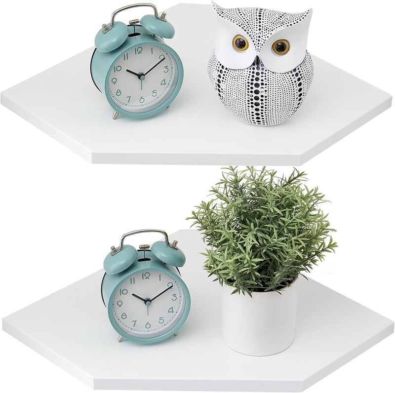Conamily Corner Floating Shelves White Corner Wall Shelf Set of 2 Solid Oak Wood Corner Shelves Wall Mount Shelf with Wire Hole Small Plant Display for Kitchen Living Room Bedroom - Image 2
