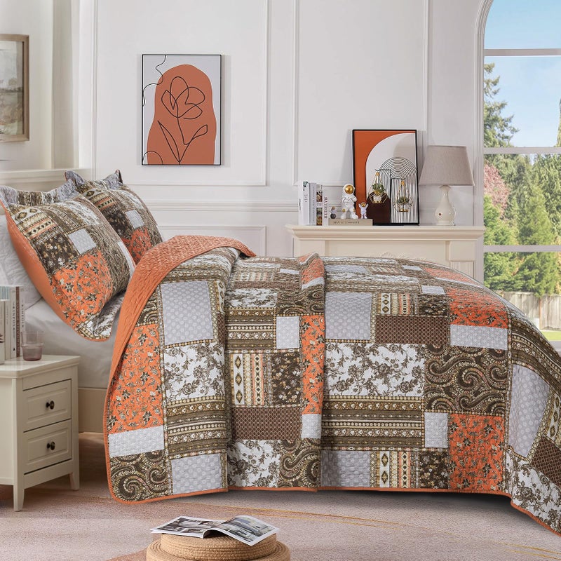 BEDIFANY Cotton Quilts King Size for Farmhouse- Fall Patchwork Bedspread Set - Highly-Woven Soft Reversible King Size Bed Spread for All Seasons (Floral Orange) 3 Pieces - Image 3