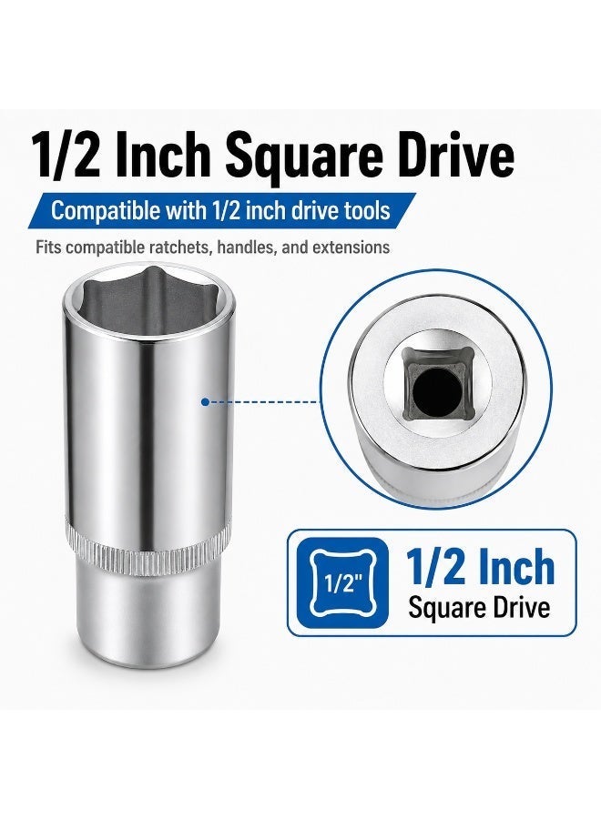 24mm Deep Socket Wrench, 1/2 Inch Square Drive, 6 Point Chrome Vanadium Steel Socket for Ratchet, Breaker Bar, Automotive Repair and Workshop Use - Image 2