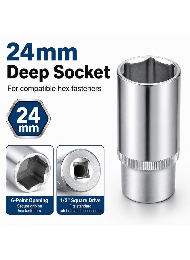 24mm Deep Socket Wrench, 1/2 Inch Square Drive, 6 Point Chrome Vanadium Steel Socket for Ratchet, Breaker Bar, Automotive Repair and Workshop Use - Image 3