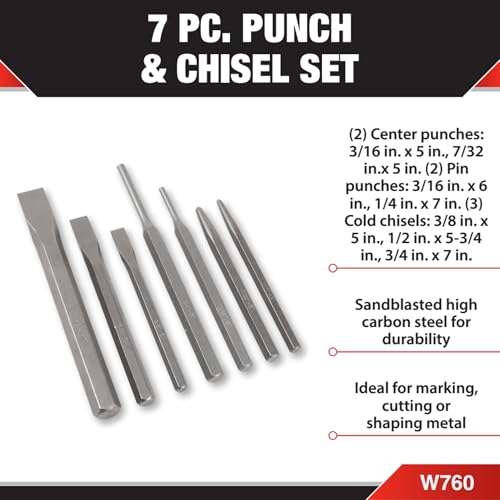 Performance Tool مجموعة أدوات الأداء W760 المكونة من 7 قطع من المثاقب والمطارق، فولاذ عالي الكربون، مثالية للأعمال المعدنية - Image 2